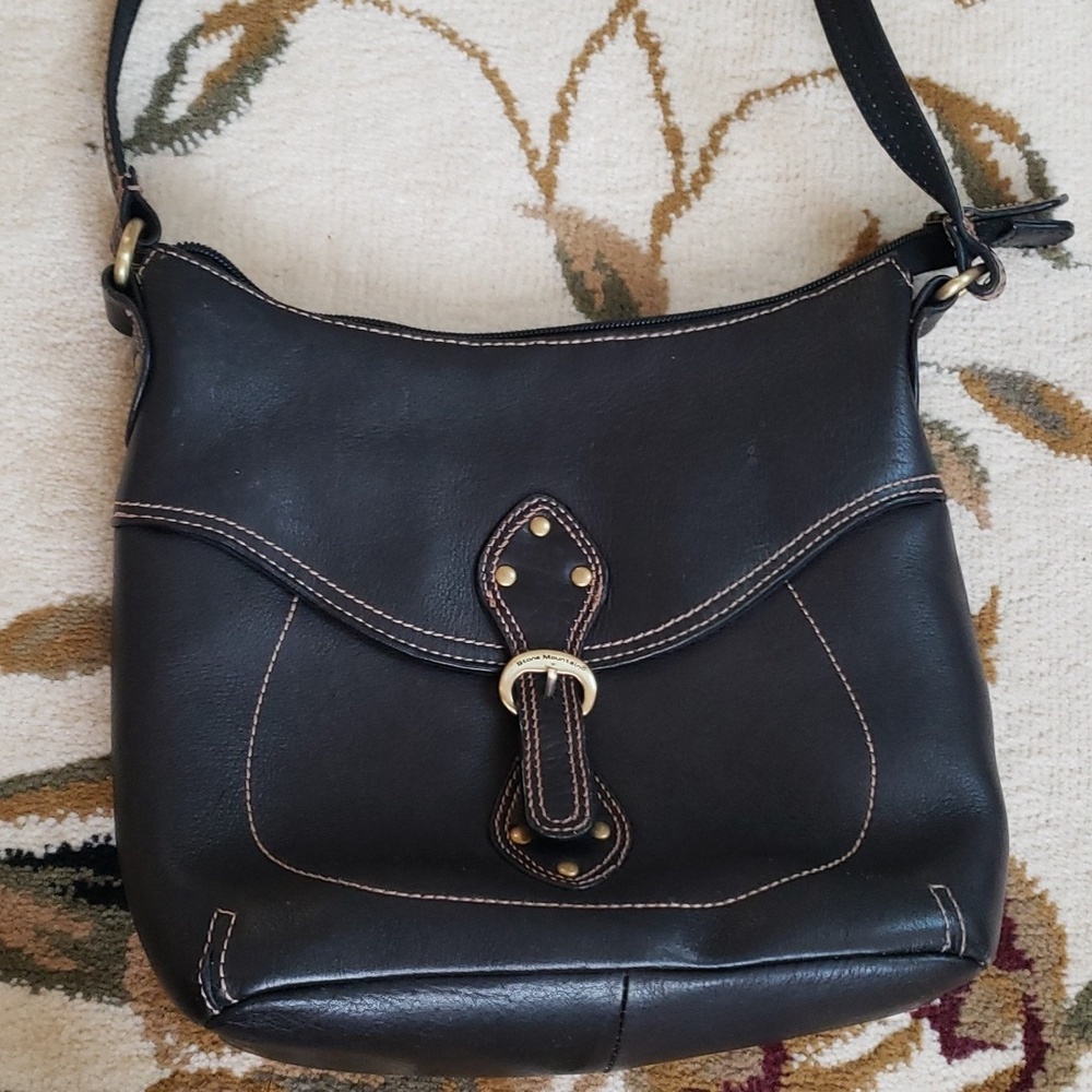 Stone Mountain Pebble Leather Black & Tan Trim Studded Shoulder Bag, 9" x 8"